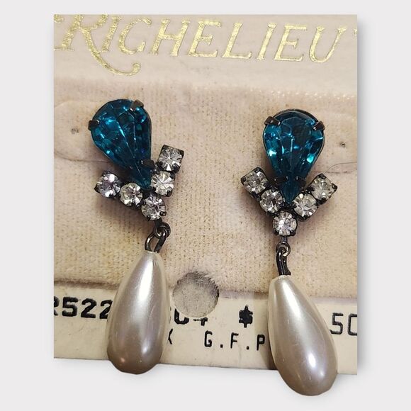 Vintage Richelieu Faux Pearl and Rhinestone Drop Earrings - Picture 2 of 3